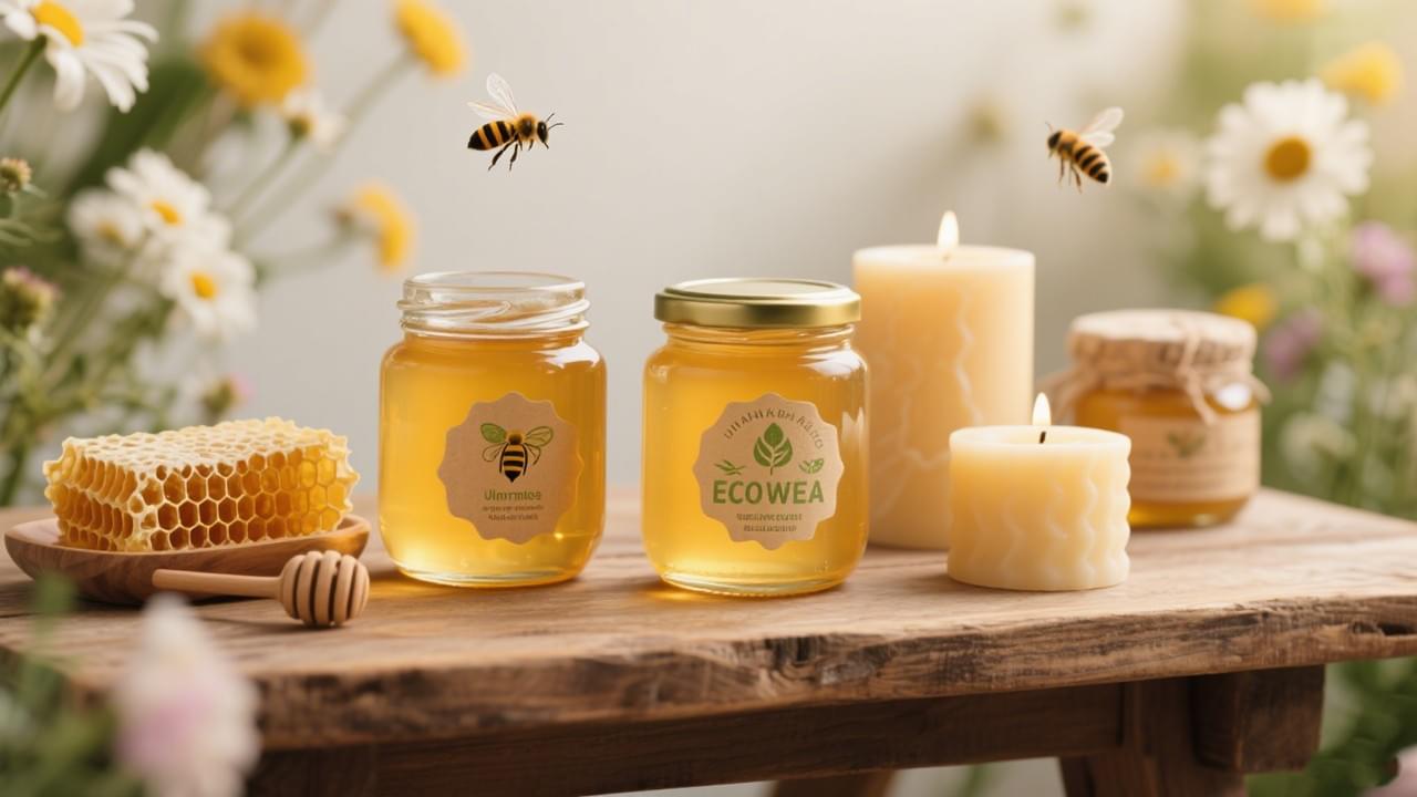 Bee products marketing with honey jars, beeswax candles, and honeycomb displayed naturally on a rustic table