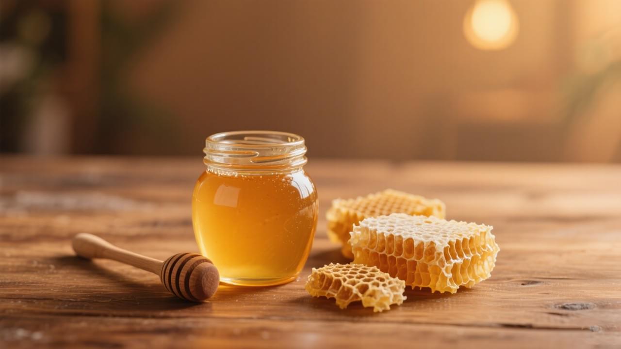 Pot de miel et nid d'abeilles sur une surface en bois, illustrant la prévention de la cristallisation du miel et l'efficacité de l'extraction.