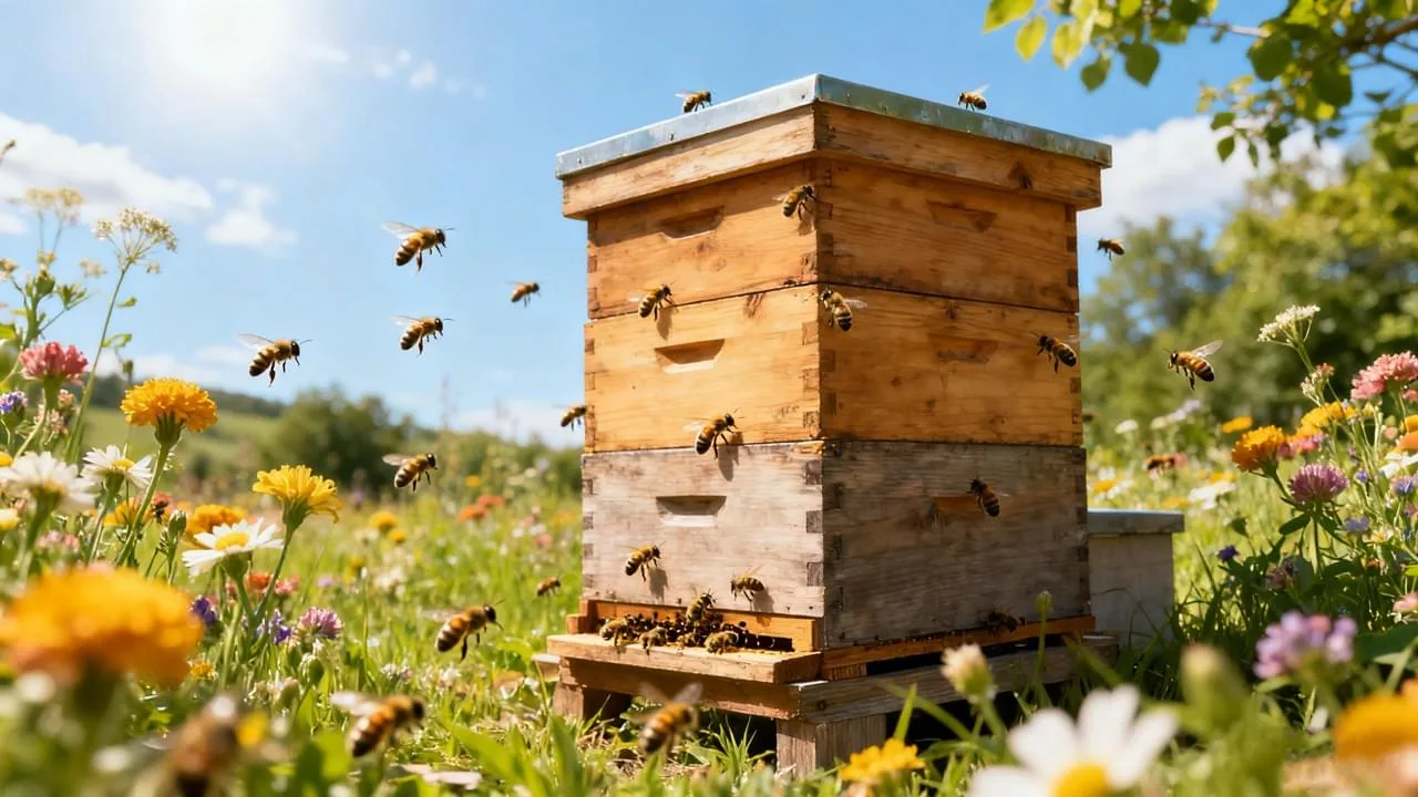 Super management in beekeeping – honey supers stacked on a hive to boost honey production