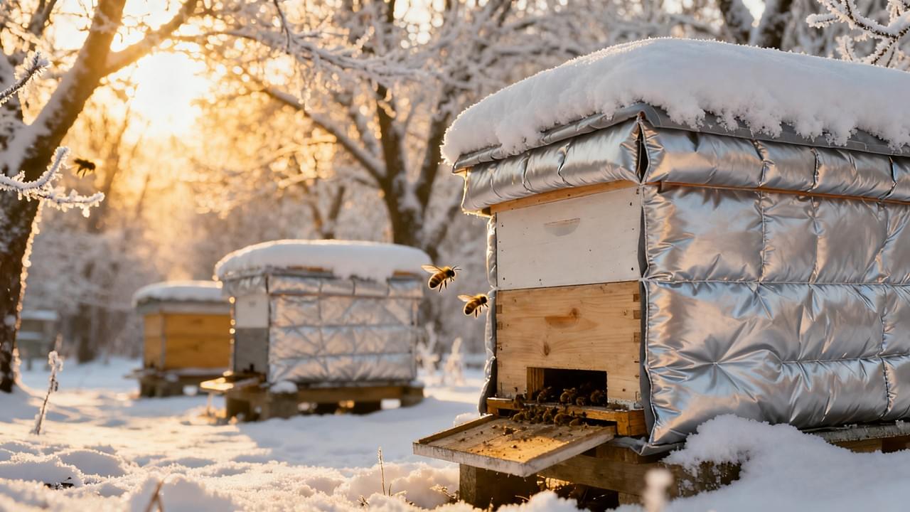 Yalıtımlı arı kovanları ve soğuk mevsimde hayatta kalan arılarla karlı bir arılıkta kış kovan yalıtımı