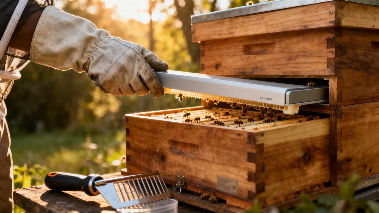 Profesyonel bir arıcının, arı kovanı çerçevesini kontrol etmek için özel arıcılık ekipmanları kullandığı yakın çekim görüntü, yeni başlayanların yaptığı yaygın hataları ortadan kaldırmak için akıllı araçların nasıl kullanıldığını gösteriyor.