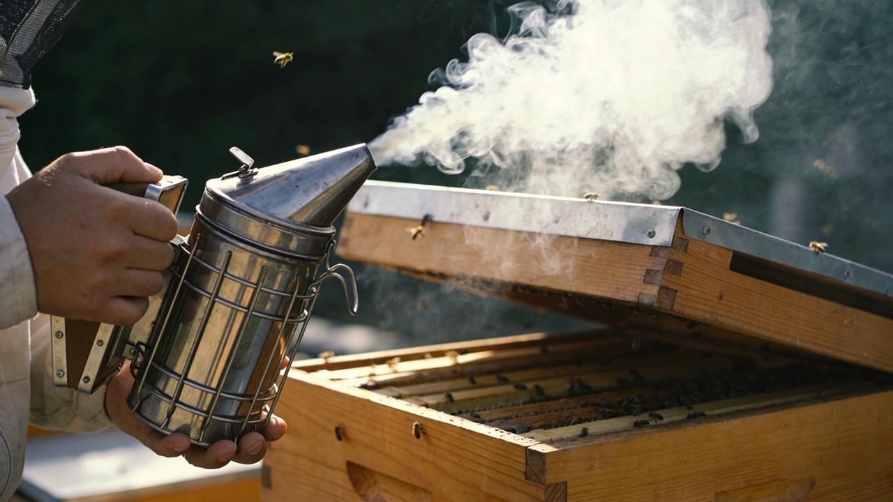 Close-up showing proper Bee Smoker Techniques with a beekeeper applying gentle, cool smoke to a calm beehive during inspection.