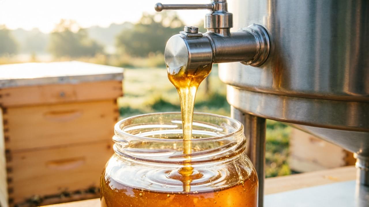A professional stainless steel honey extractor showing the efficient honey extraction process in a sunny apiary.