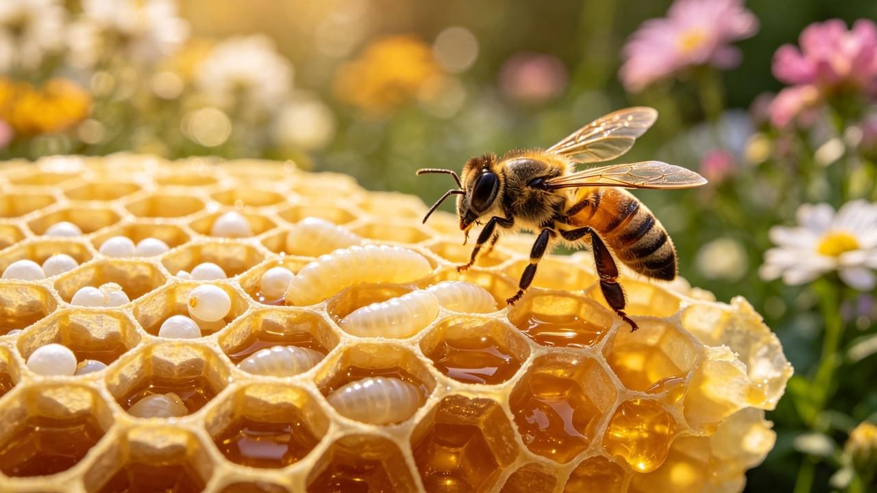 Detailed macro view of the Honey Bee Life Cycle showing eggs, larvae, and capped brood on a professional beehive frame.