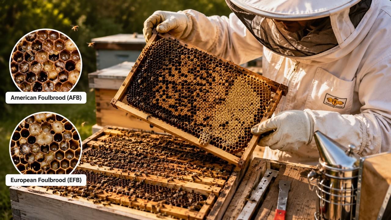 American Foulbrood and European Foulbrood inspection in a honey bee hive by professional beekeeper