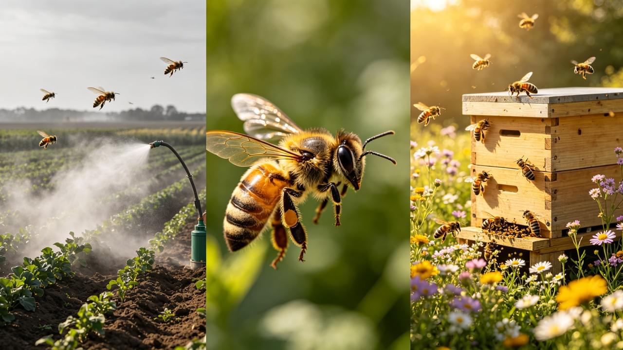 pesticides and bees impact showing healthy hive vs pesticide exposure in agriculture