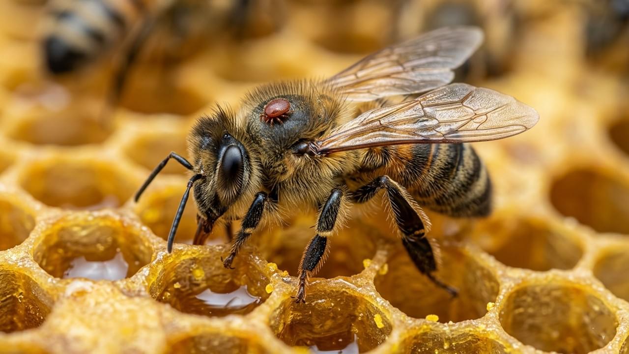 A professional beekeeper inspecting a hive frame to implement effective Varroa Mite Control and ensure the long-term health of the honey bee colony.