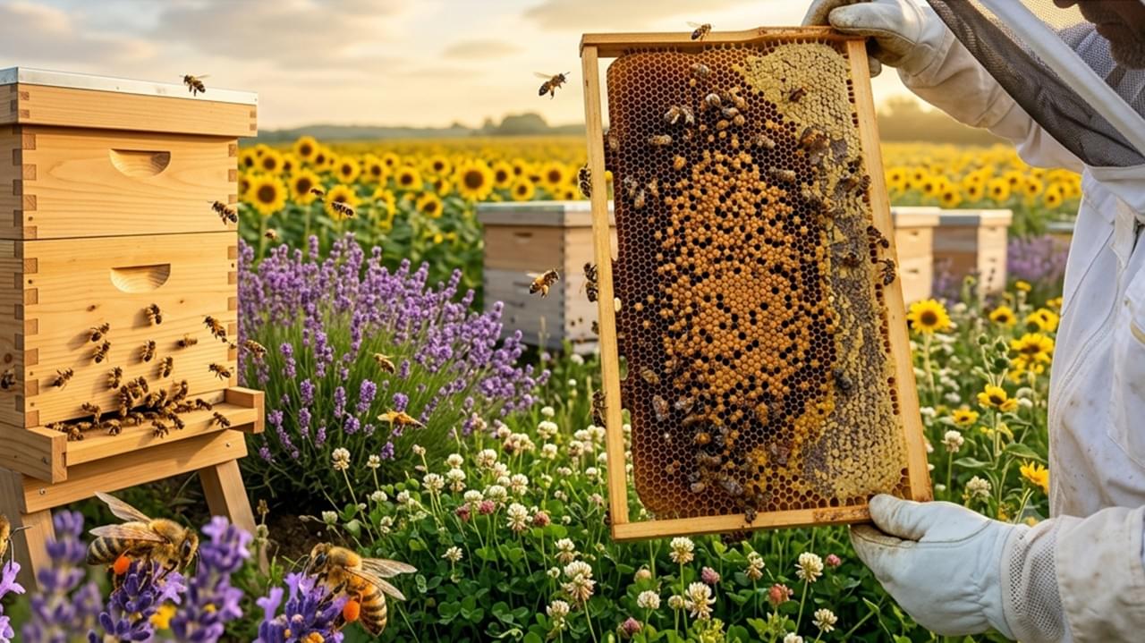 Bee Nutrition for healthy honey bee colonies with worker bees collecting pollen and nectar from diverse flowering plants near a productive beehive