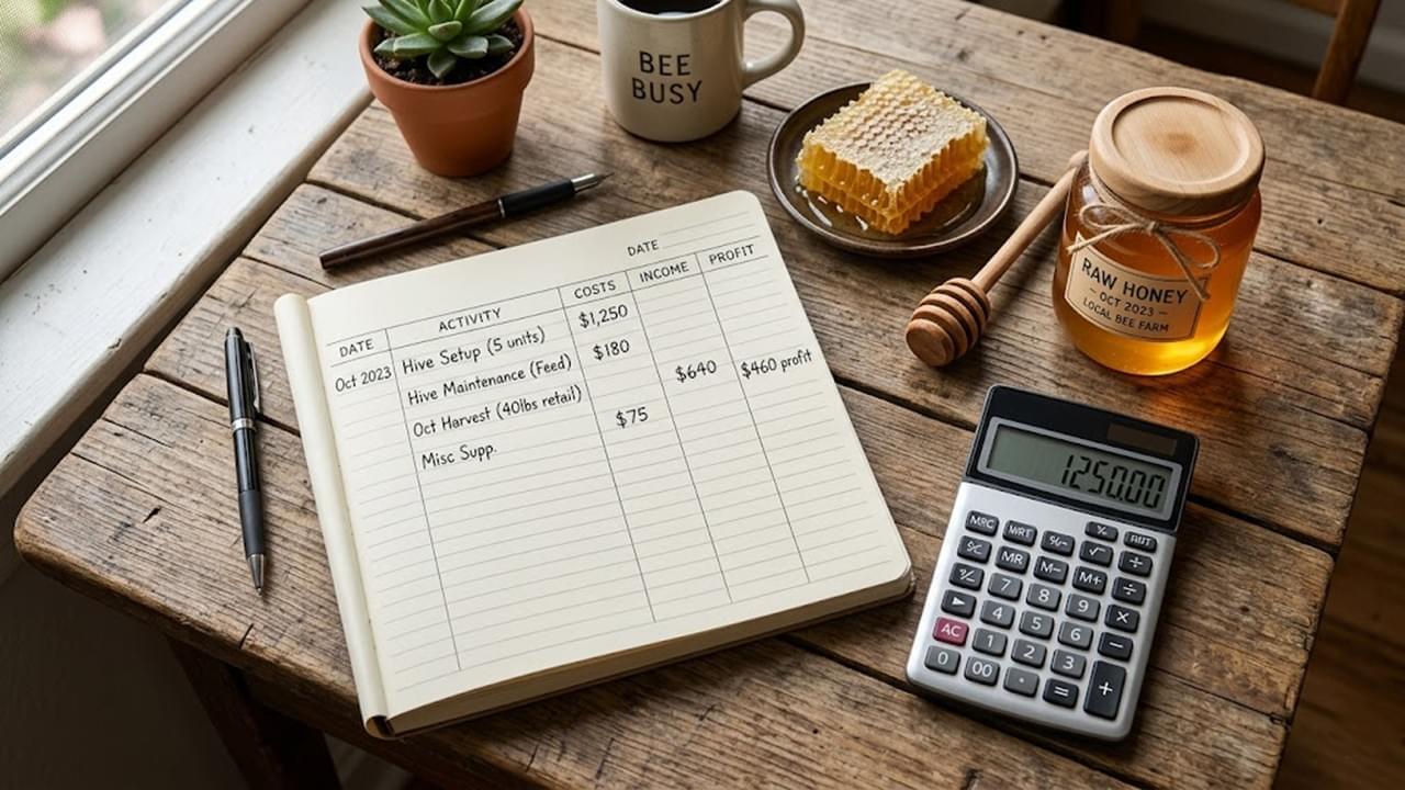 A professional apiarist analyzing beekeeping financials and profit margins to build a successful commercial honey business.