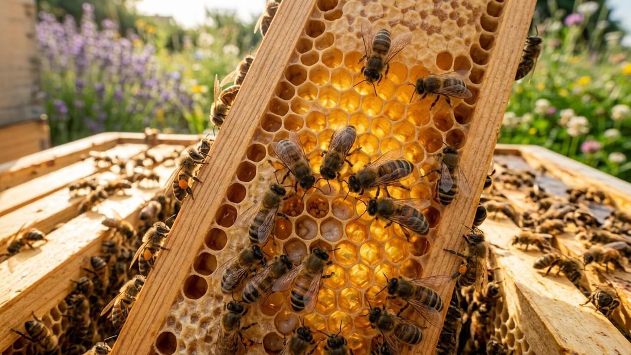Healthy honeybees on a golden honeycomb frame demonstrating strong honeybee colony immunity and vitality