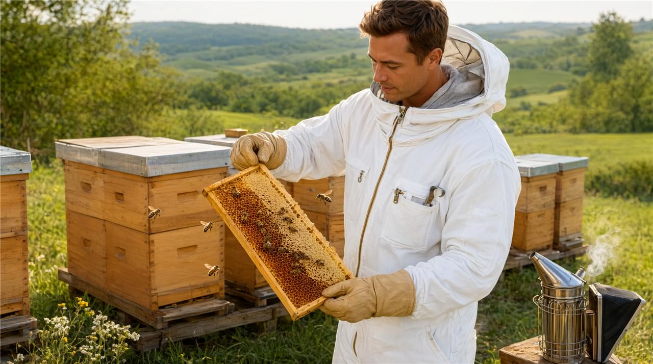 Professional beekeeper wearing beekeeping protective clothing while inspecting a honey bee hive