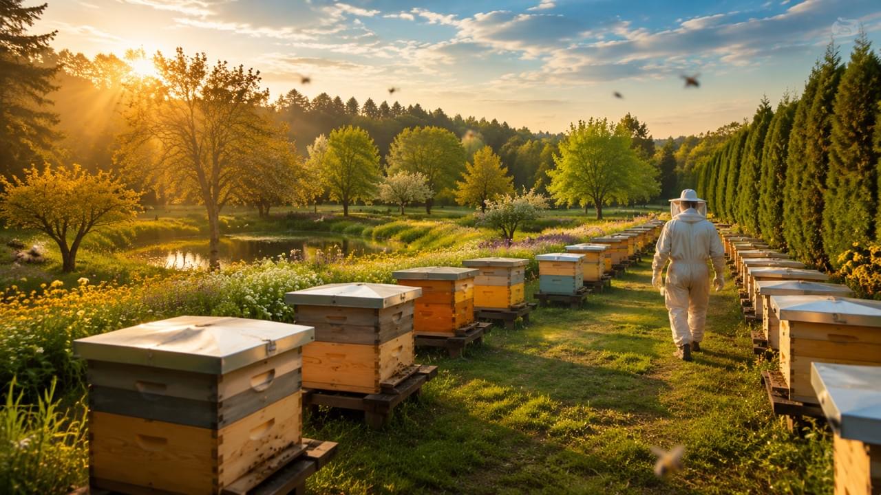 Ideal apiary location with multiple beehives arranged on level grassland, featuring diverse flowering forage, natural windbreak, and water source for maximizing honey production