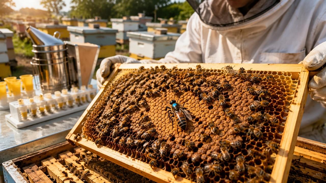 Queen Rearing process showing a healthy queen bee and worker bees on honeycomb for stronger honey bee colonies