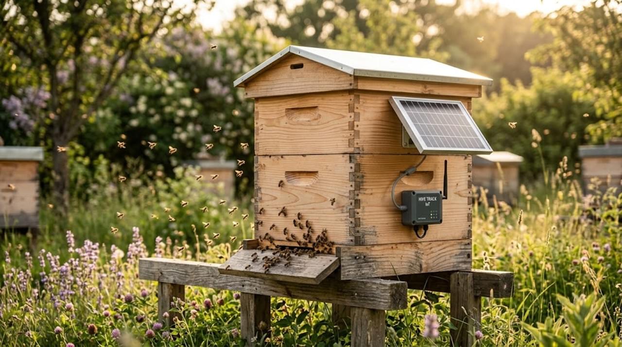 Smart wooden beehive equipped with IoT sensors showcasing modern beekeeping innovation in a sunlit apiary.