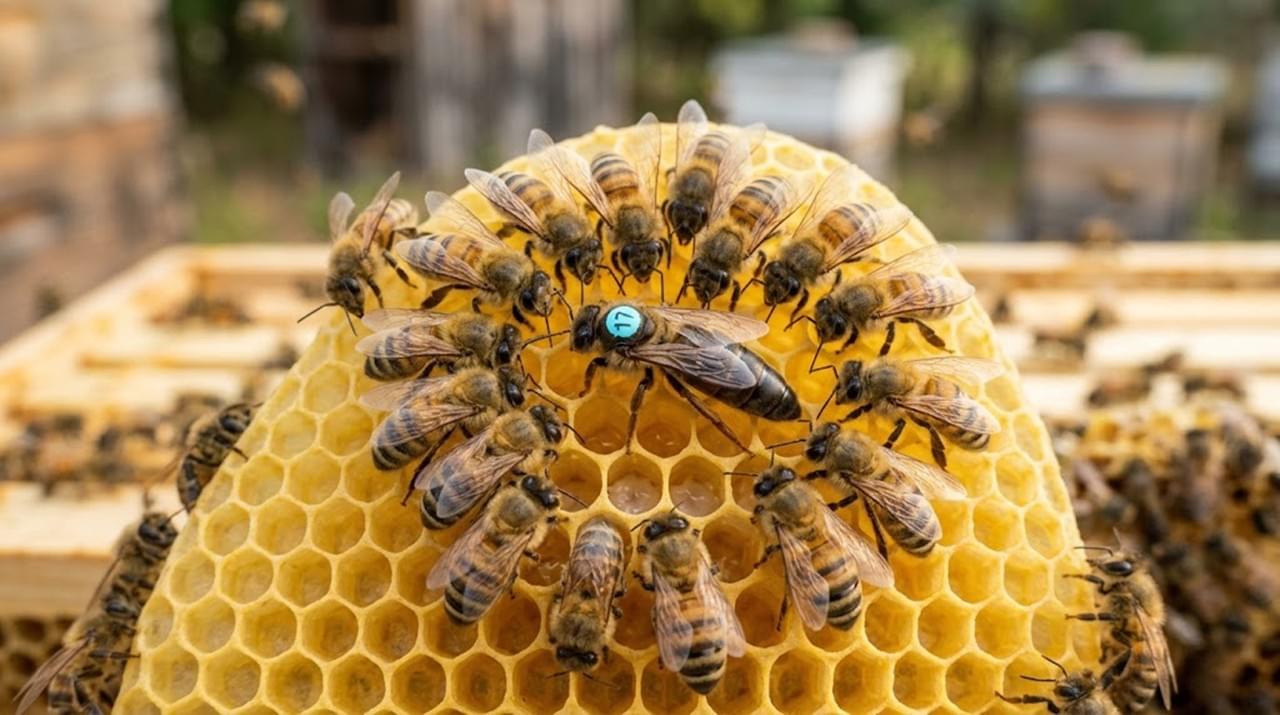 A professional macro view of queen bee breeding on a golden honeycomb frame in a thriving apiary