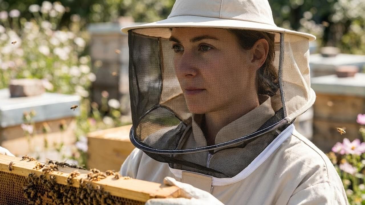 A professional beekeeper wearing a clear-vision, sting-proof beekeeping veil for full face protection during hive inspection in a sunny apiary.